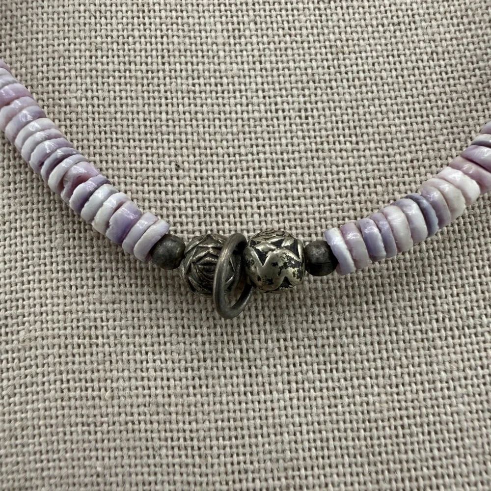 Vintage Fetish Necklace‎ Birds Purple Beaded Shell Silver Tone 19